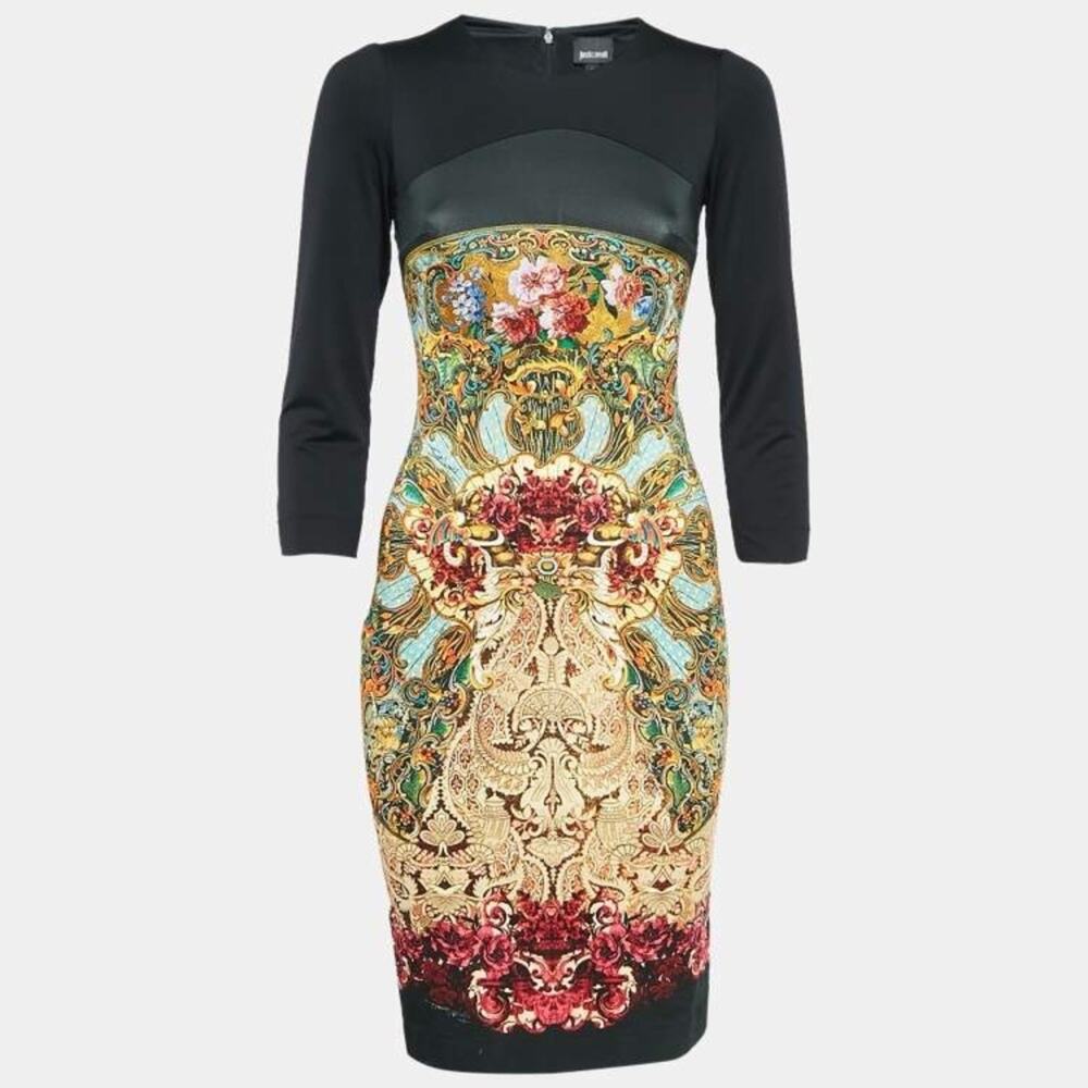 Just Cavalli Dress Womens M Black Printed Jersey Bodycon Art To Wear Y2K Artsy